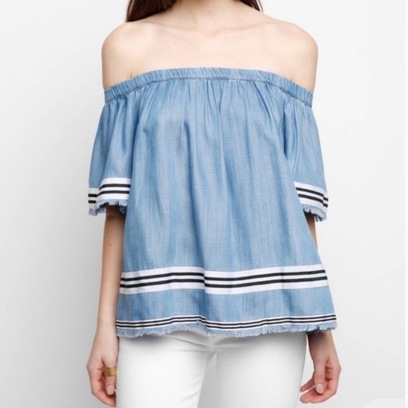 Tracy Reese Off The Shoulder Chambray Swing  Top SZ L - Picture 1 of 7
